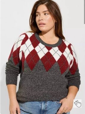 Torrid Charcoal Gray & Burgundy Argyle Crewneck Sweater